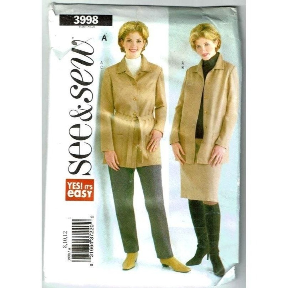 See & Sew‎ 3998 Sewing Pattern Women Size 8 10 12 Tan Jacket Skirt Pants Easy